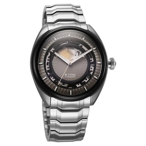 Titan Stellar Automatic Sun Moon Phase Grey Dial Stainless Steel Strap Watch For Men 10011km01 - KRISHNA WATCH COMPANY