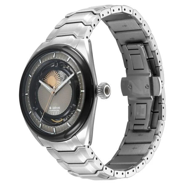Titan Stellar Automatic Sun Moon Phase Grey Dial Stainless Steel Strap Watch For Men 10011km01 - KRISHNA WATCH COMPANY