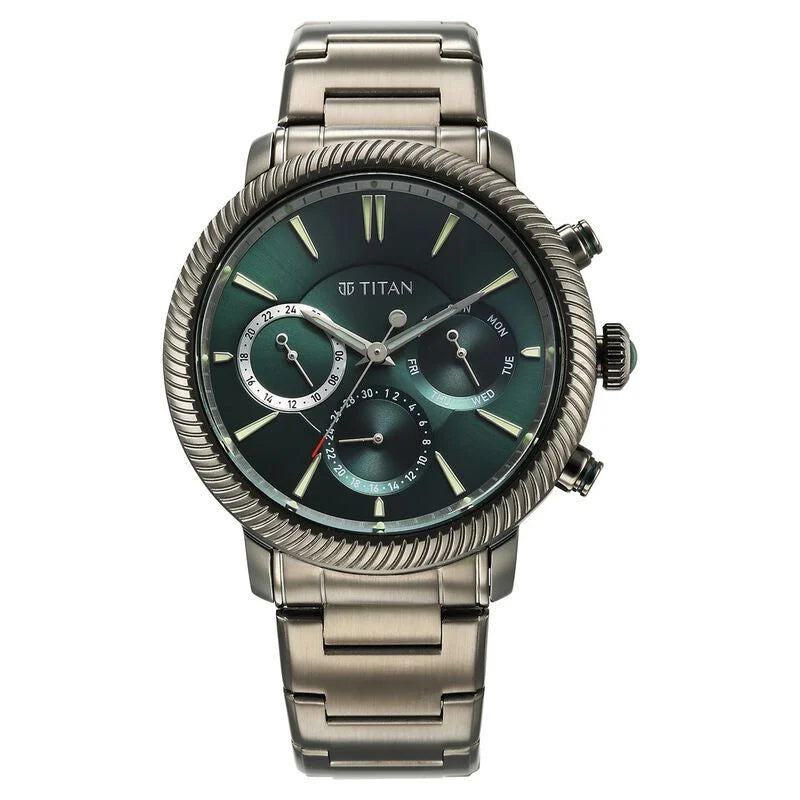 Titan Stellar Quartz Multifunction Green Dial Stainless Steel Strap Watch for Men 10012QM01