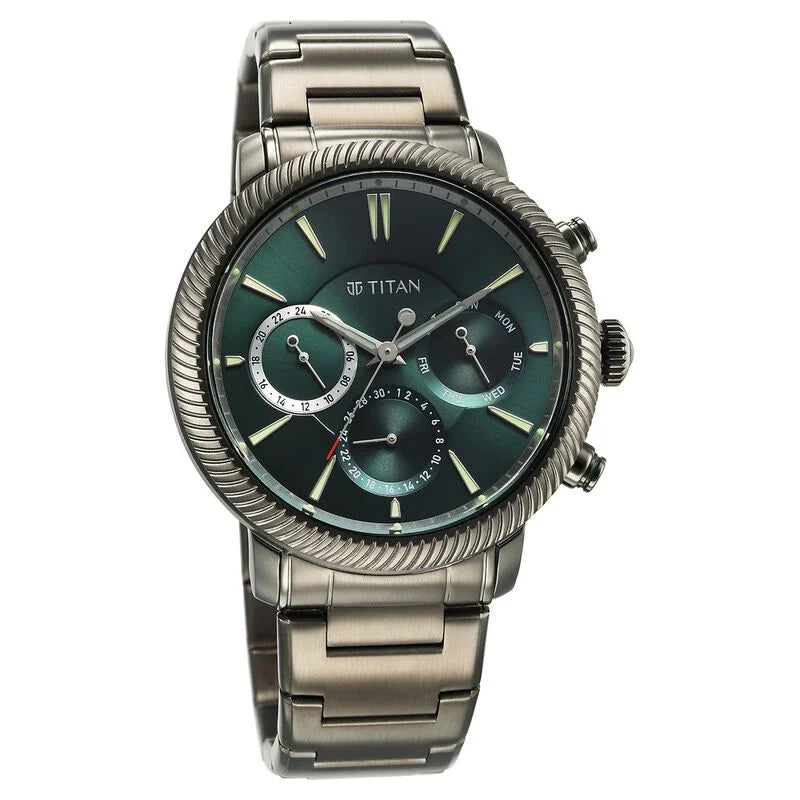 Titan Stellar Quartz Multifunction Green Dial Stainless Steel Strap Watch for Men 10012QM01 - KRISHNA WATCH COMPANY