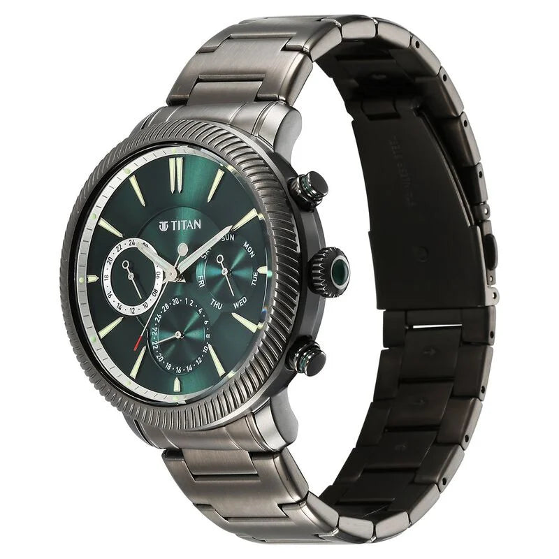 Titan Stellar Quartz Multifunction Green Dial Stainless Steel Strap Watch for Men 10012QM01 - KRISHNA WATCH COMPANY
