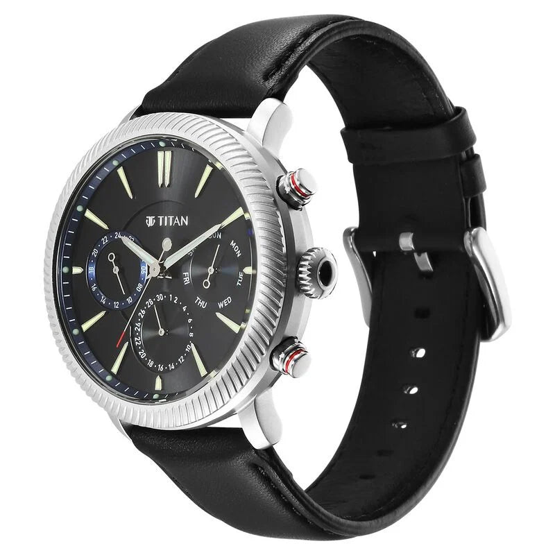 Titan Stellar Quartz Multifunction Black Dial Leather Strap Watch for Men NS10012SL01 / 10012SL01 - KRISHNA WATCH COMPANY