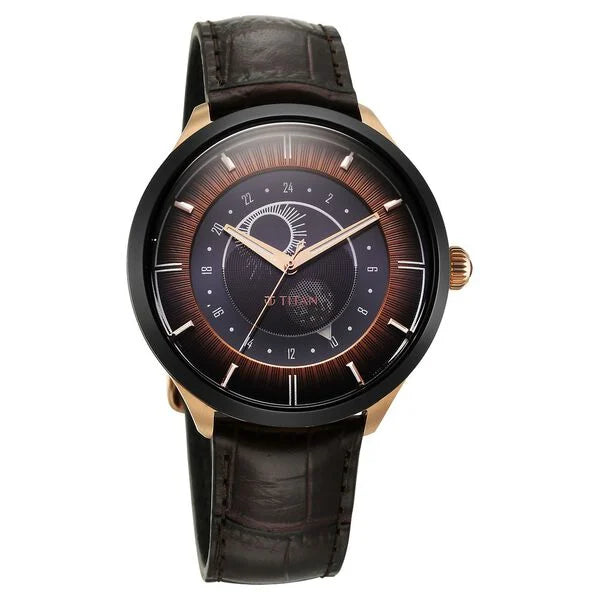 Titan Stellar Quartz Analog Sun Moon Phase Brown Dial Leather Strap Watch For Men 10028kl02 - KRISHNA WATCH COMPANY