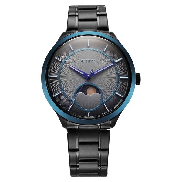 Titan Stellar Quartz Analog Sun Moon Phase Grey Dial Stainless Steel Strap Watch For Men 10028km01 - KRISHNA WATCH COMPANY