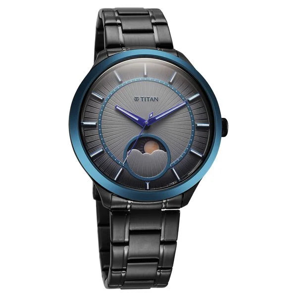 Titan Stellar Quartz Analog Sun Moon Phase Grey Dial Stainless Steel Strap Watch For Men 10028km01 - KRISHNA WATCH COMPANY
