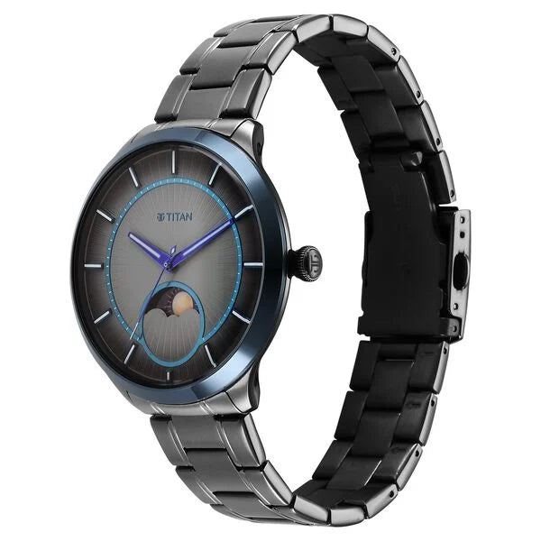 Titan Stellar Quartz Analog Sun Moon Phase Grey Dial Stainless Steel Strap Watch For Men 10028km01 - KRISHNA WATCH COMPANY