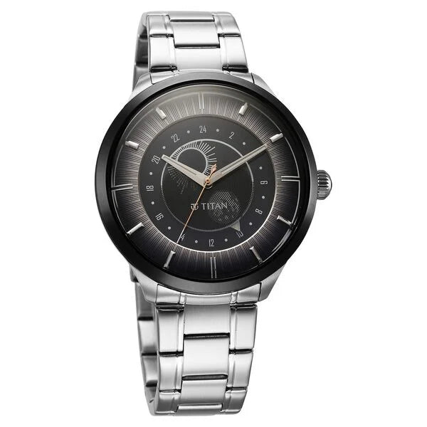 Titan Stellar Quartz Analog Sun Moon Phase Grey Dial Stainless Steel Strap Watch For Men 10028km02 - KRISHNA WATCH COMPANY