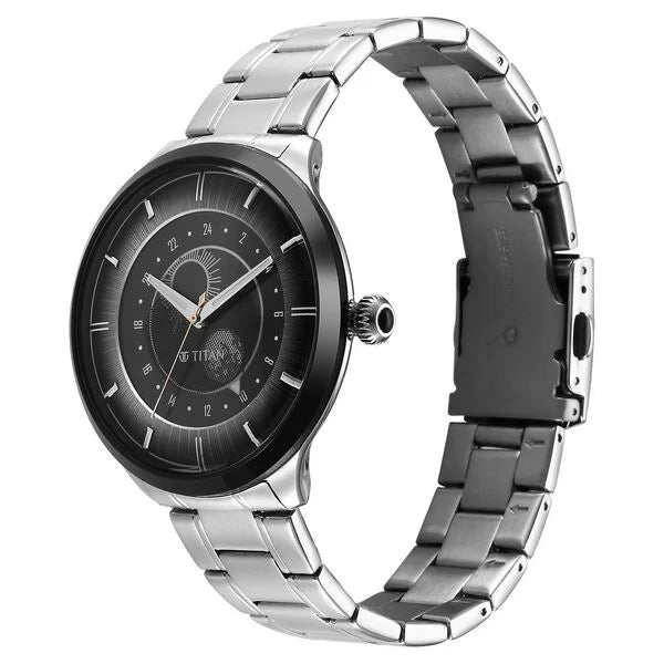 Titan Stellar Quartz Analog Sun Moon Phase Grey Dial Stainless Steel Strap Watch For Men 10028km02 - KRISHNA WATCH COMPANY