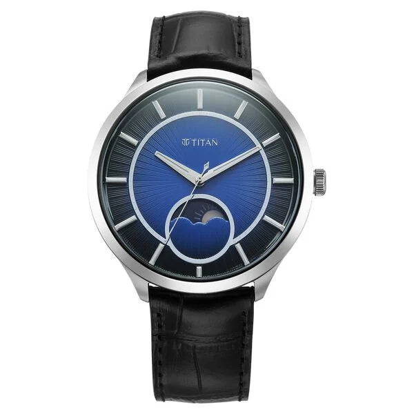 Titan Stellar Quartz Analog Sun Moon Phase Blue Dial Leather Strap Watch For Men 10028sl01 - KRISHNA WATCH COMPANY