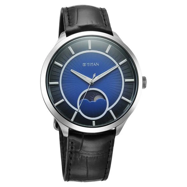 Titan Stellar Quartz Analog Sun Moon Phase Blue Dial Leather Strap Watch For Men 10028sl01 - KRISHNA WATCH COMPANY