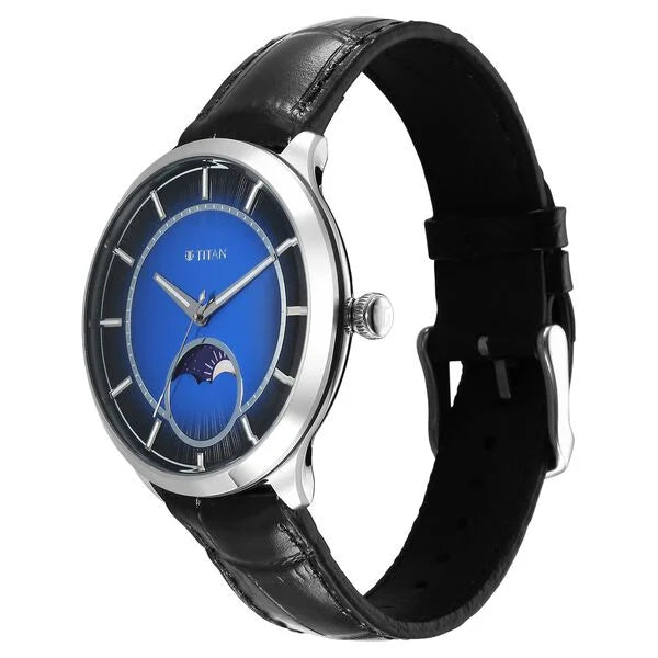 Titan Stellar Quartz Analog Sun Moon Phase Blue Dial Leather Strap Watch For Men 10028sl01 - KRISHNA WATCH COMPANY