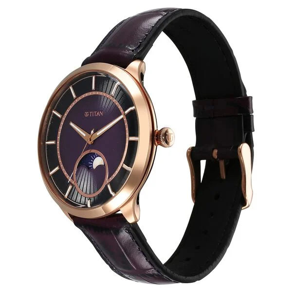 Titan Stellar Quartz Analog Sun Moon Phase Purple Dial Watch For Men - 10028WL01 - KRISHNA WATCH COMPANY