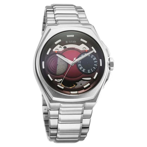 Titan Stellar Automatic Red Dial Titanium Strap Watch For Men 10029tm01 - KRISHNA WATCH COMPANY