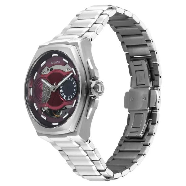 Titan Stellar Automatic Red Dial Titanium Strap Watch For Men 10029tm01 - KRISHNA WATCH COMPANY