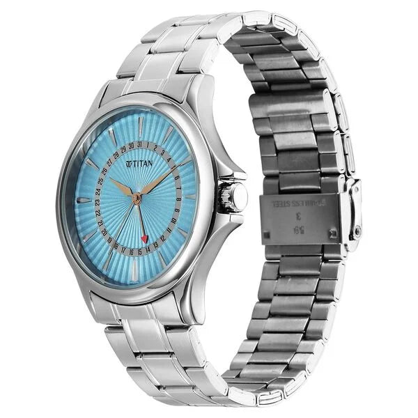 Titan Karishma Quartz Analog with Date Blue Dial Stainless Steel Strap Watch For Men 10038sm01 - KRISHNA WATCH COMPANY