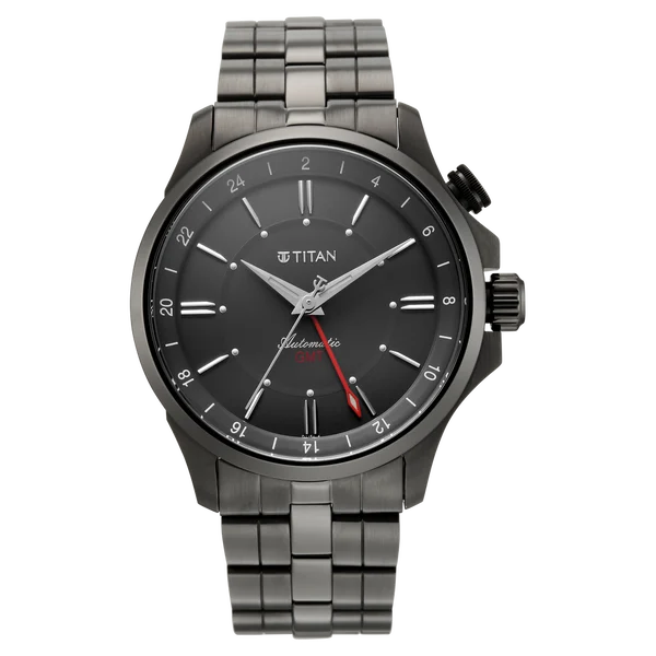 Titan Automatic Black Dial Grey Stainless Steel Strap Watch For Men 10076qm01