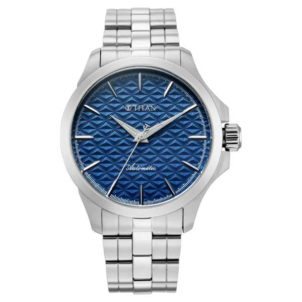 Titan Automatic Blue Dial Silver Stainless Steel Strap Watch For Men 10077sm01