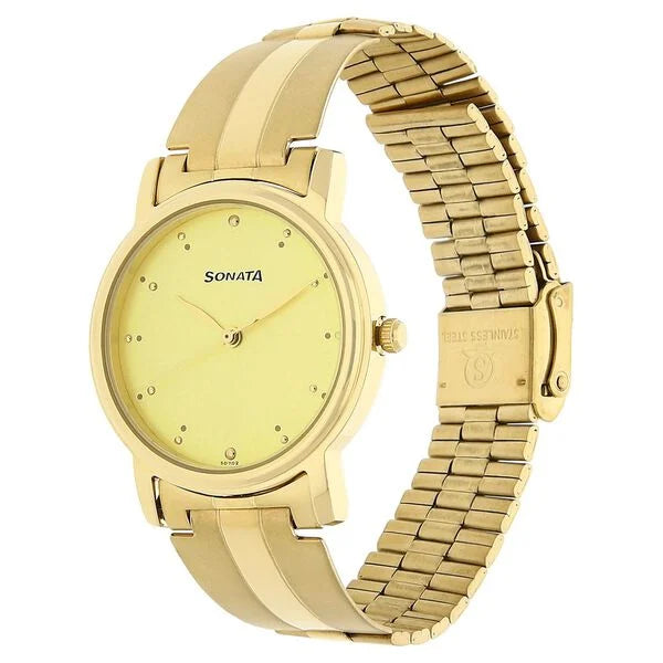 Sonata Quartz Analog Champagne Dial Stainless Steel Strap Watch for Men NS1013YM24 - KRISHNA WATCH COMPANY