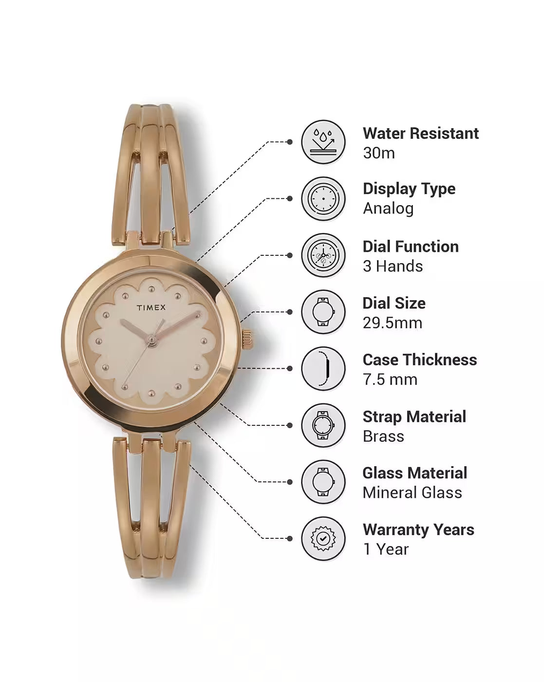 Timex Women Rose Gold Round Analog Brass Dial Watch- TWTL10312 - KRISHNA WATCH COMPANY