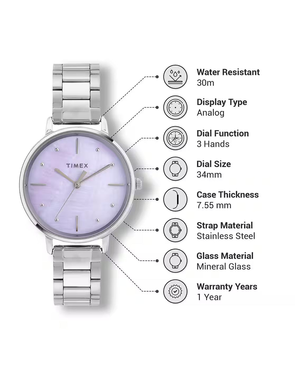 Timex Women Lilac Round Analog Brass Dial Watch - TWEL15806 - KRISHNA WATCH COMPANY