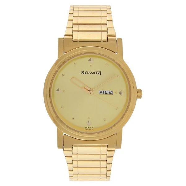 Sonata Champagne Dial Golden Metal Strap Watch - 1141YM13