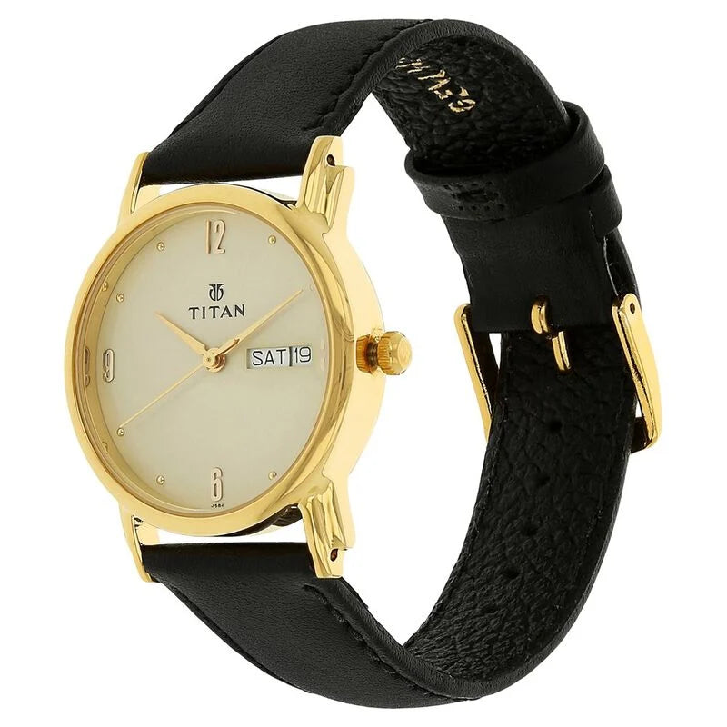 Titan Karishma Champagne Dial Analog with Day and Date Leather Strap watch for Men / 1445YL05 - KRISHNA WATCH COMPANY
