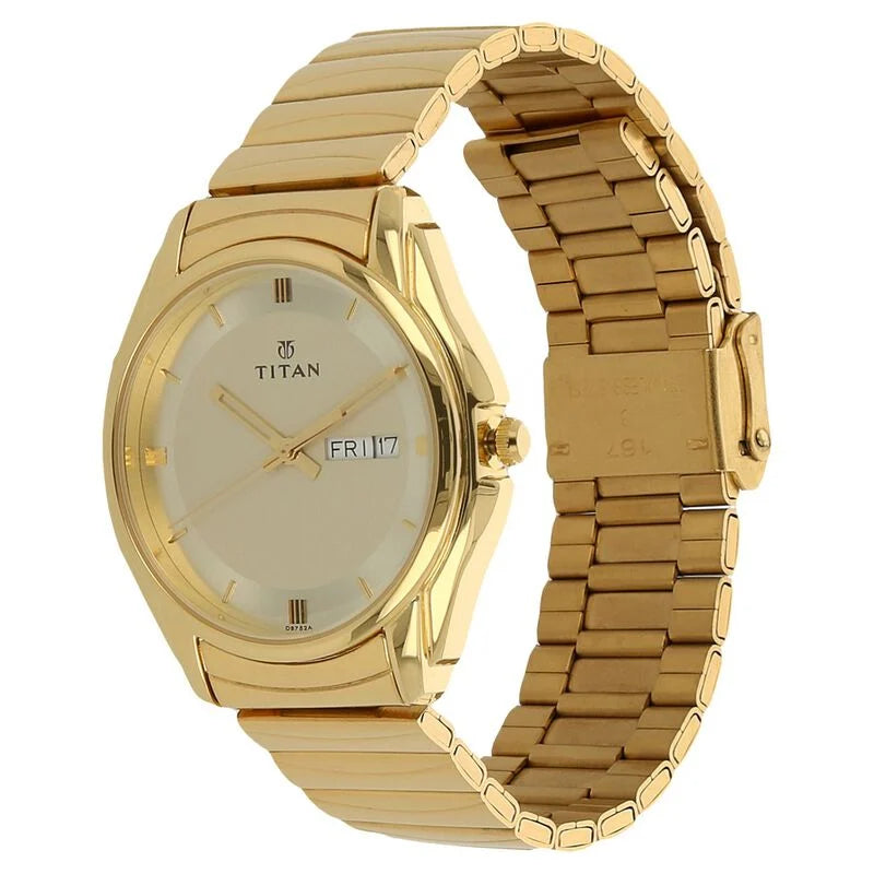 Titan Quartz Analog with Day and Date Champagn Watch - 1578YM05 - KRISHNA WATCH COMPANY