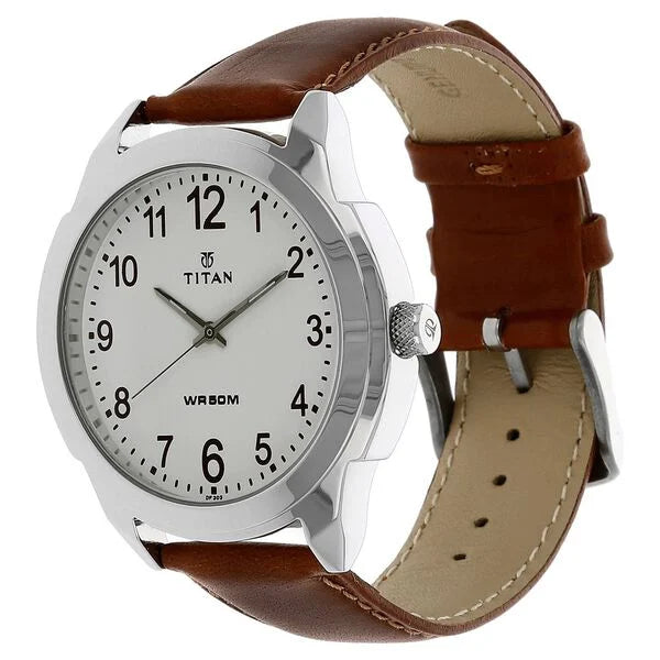 Titan Quartz Analog White Dial Leather Strap Watch for Men - 1585SL07 - KRISHNA WATCH COMPANY