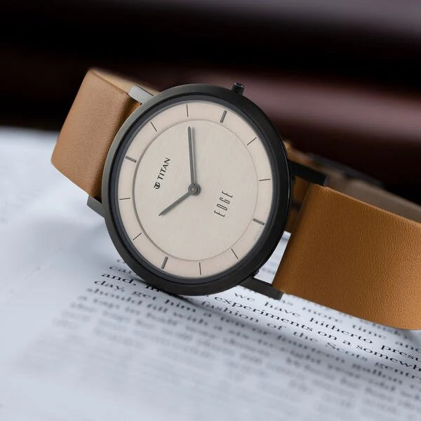 Titan Edge Beige Dial Analog Leather Strap watch for Men - 1595QL01 - KRISHNA WATCH COMPANY