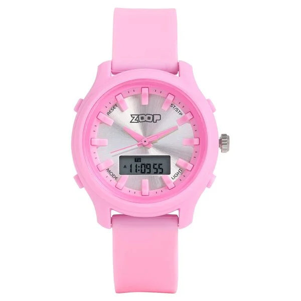 Zoop Ana-Digi Watch with Silver Dial & Pink Strap for Girls Kids, from House of Titan 16046pp02