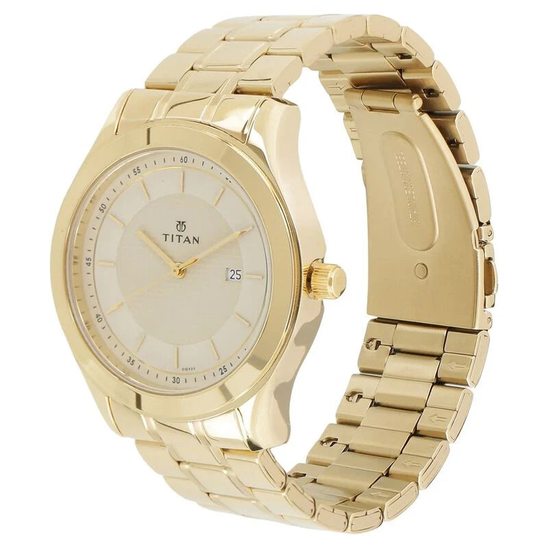 Titan Quartz Analog with Date Champagne Dial Stainless Steel Strap Watch for Men 1627YM04 - KRISHNA WATCH COMPANY