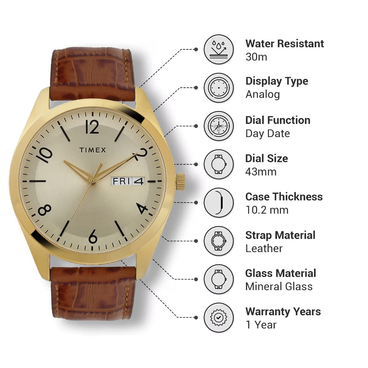 Timex Men Champagne Round Analog Brass Dial Watch- TWTG10400 - KRISHNA WATCH COMPANY