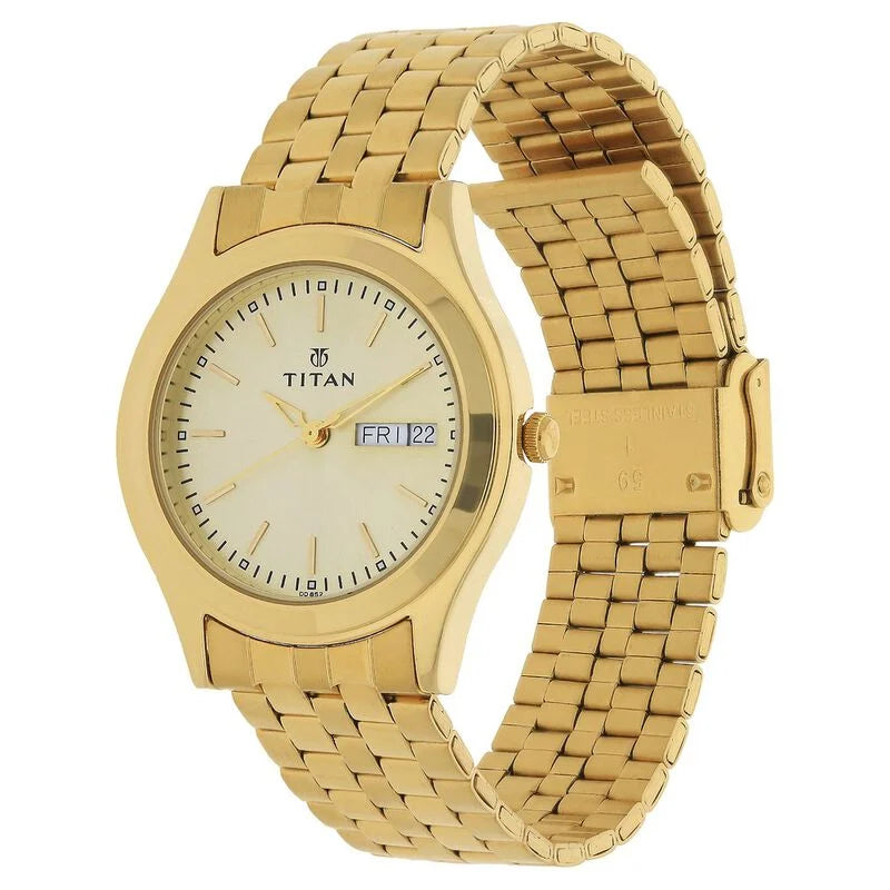 Titan Champagne Dial Analog with Day and Date watch for Men - 1648YM05 - KRISHNA WATCH COMPANY
