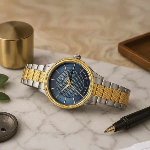 Titan Karishma Wedding Edit Quartz Analog with Day and Date Blue Dial Stainless Steel Strap Watch For Men 1650bm05