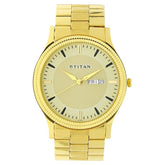 Titan Quartz Analog with Day and Date Golden Dial Stainless Steel Strap Watch for Men 1650YM04
