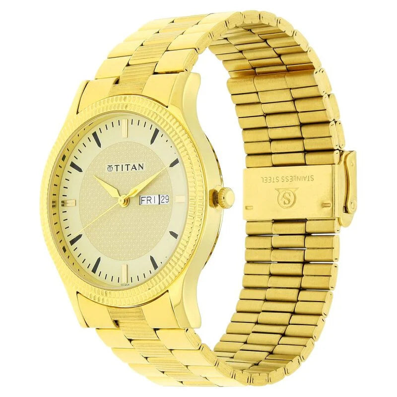 Titan Quartz Analog with Day and Date Golden Dial Watch for Men - 1650YM04 - KRISHNA WATCH COMPANY