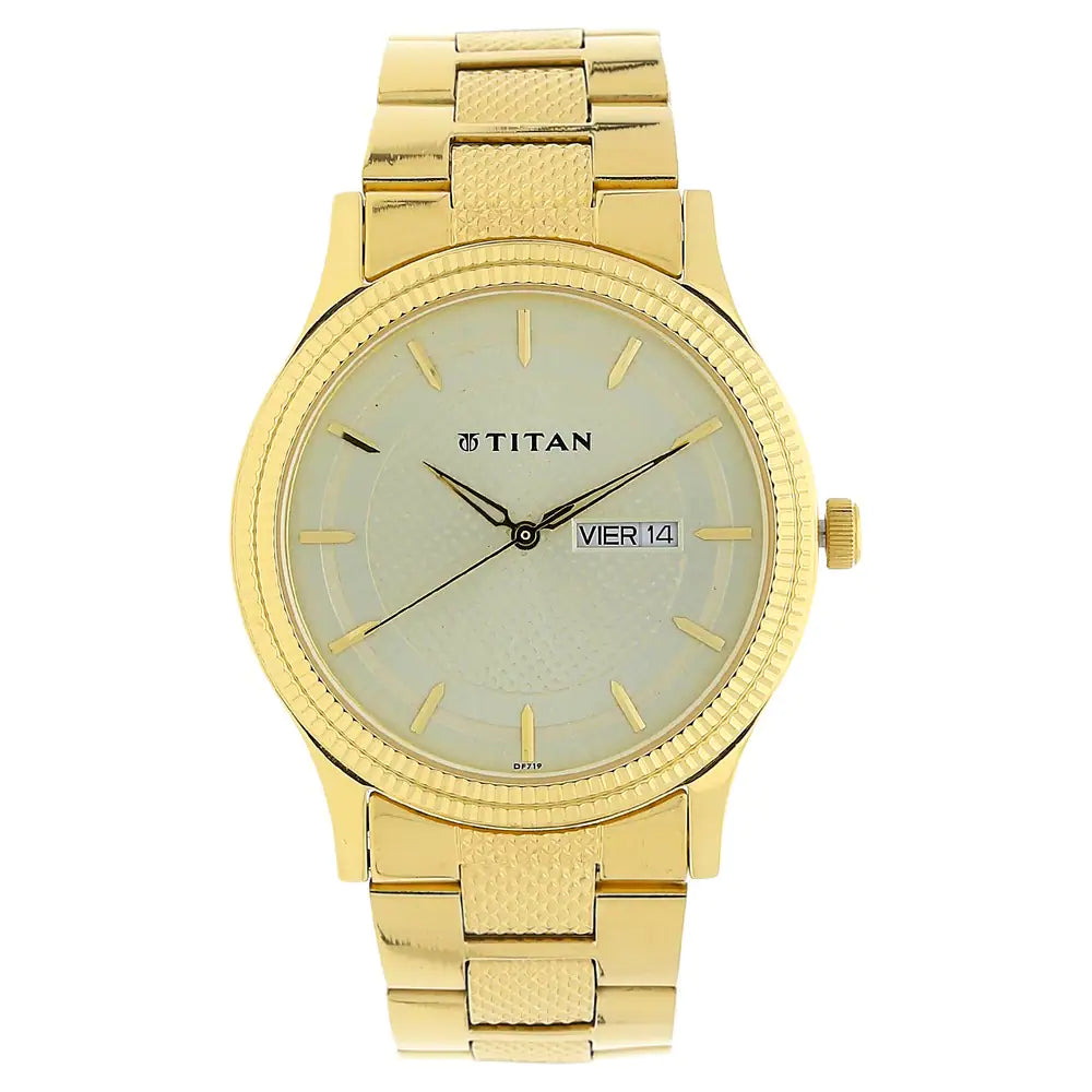 Titan Champagne Dial Golden Stainless Steel Strap Watch NL1650YM06 (DF719) - KRISHNA WATCH COMPANY