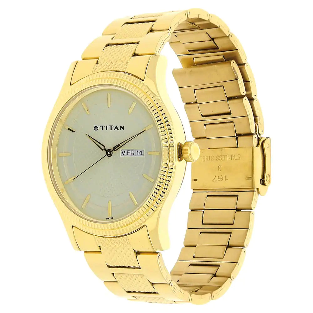 Titan Champagne Dial Golden Stainless Steel Strap Watch NL1650YM06 (DF719) - KRISHNA WATCH COMPANY