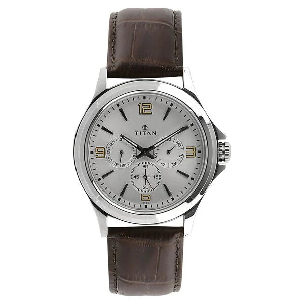 Titan Quartz Multifunction Silver Dial Leather Strap Watch for Men - 1698SL01 - KRISHNA WATCH COMPANY