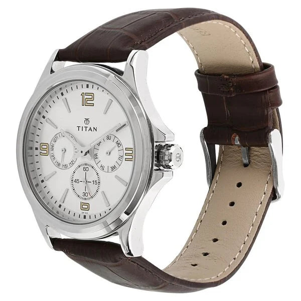 Titan Quartz Multifunction Silver Dial Leather Strap Watch for Men - 1698SL01 - KRISHNA WATCH COMPANY