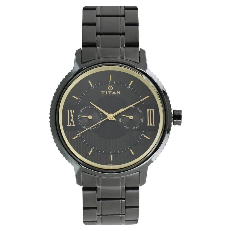 Titan Regalia Baron Black Dial Analog with Day and Date Stainless Steel Strap Watch for Men 1743NM01 - KRISHNA WATCH COMPANY