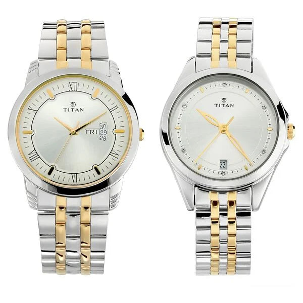 Titan Bandhan Quartz Analog with Day and Date Silver Dial Stainless Steel Strap Watch for Couple 17742565bm01