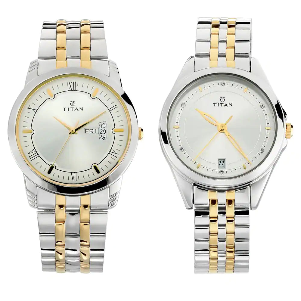 Titan Bandhan Silver White Dial Stainless Steel Pair Watches NP17742565BM01 - KRISHNA WATCH COMPANY
