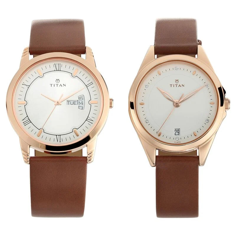 Titan Bandhan Silver White Dial Leather Pair Watches 17742565WL01 - KRISHNA WATCH COMPANY