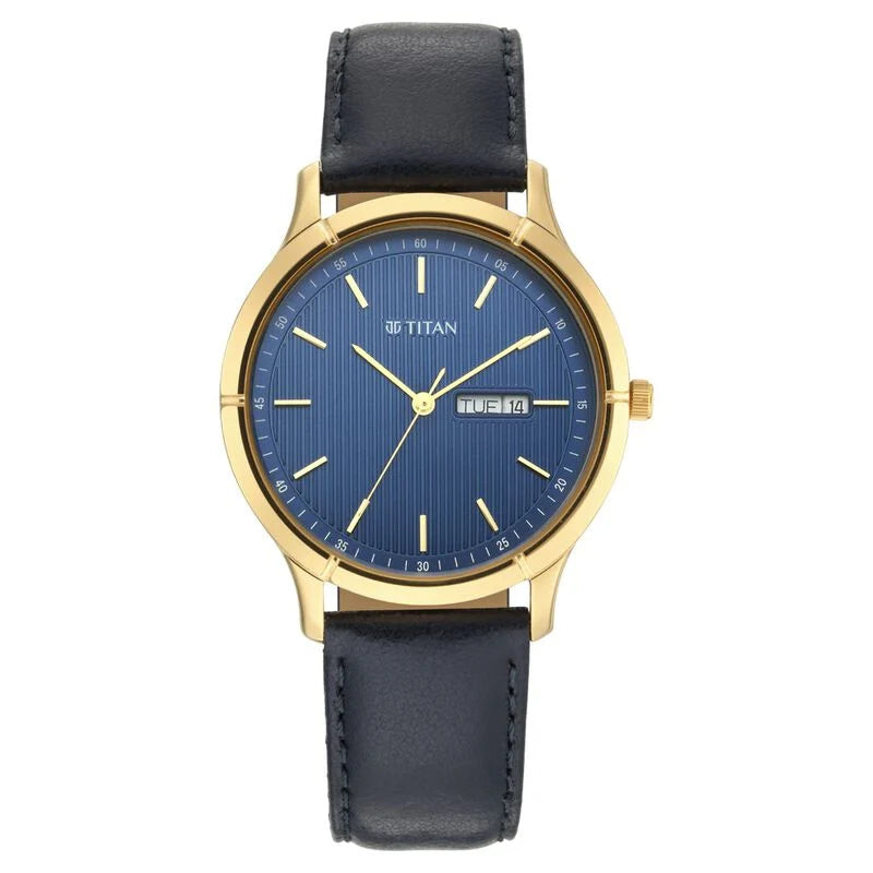 Titan Lagan Blue Dial Analog with Day and Date Leather Strap Watch for Men 1775YL02 - KRISHNA WATCH COMPANY