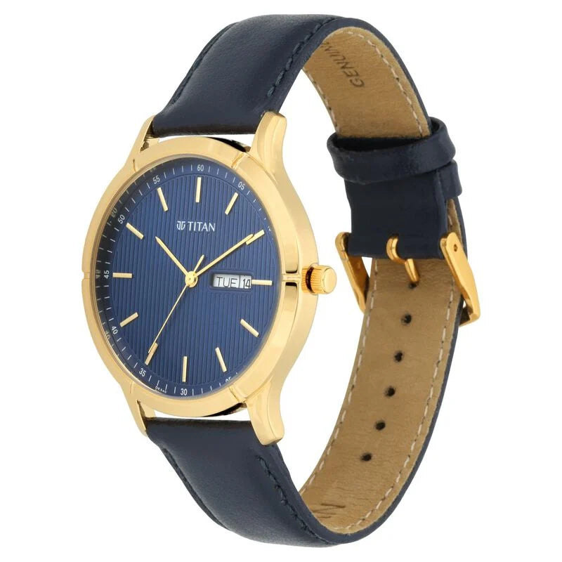 Titan Lagan Blue Dial Analog with Day and Date Leather Strap Watch for Men 1775YL02 - KRISHNA WATCH COMPANY