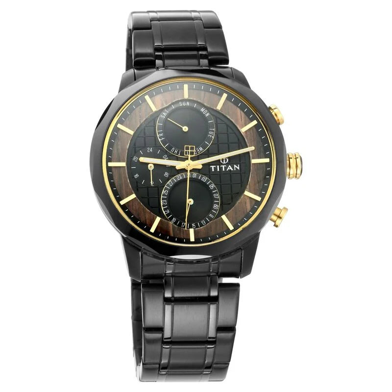 Titan Quartz Multifunction Black Dial Metal Strap Watch for Men 1789KM02