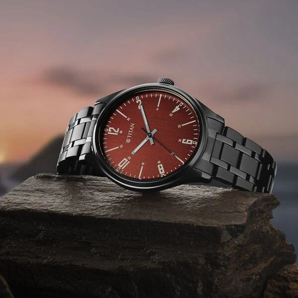 Titan Wrist Wit Quartz Analog Brown Dial Stainless Steel Strap Watch for Men 1802NM02