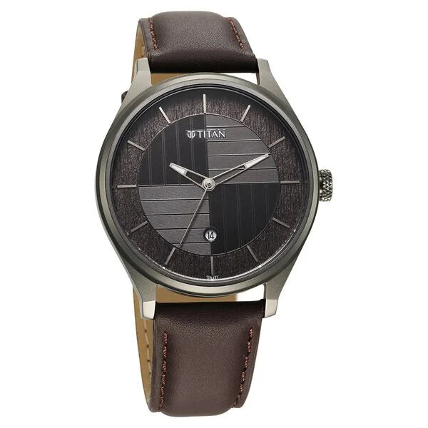 Titan Neo Economy Quartz Analog with Date Grey Dial Brown Leather Strap Watch For Men 1802ql03 - KRISHNA WATCH COMPANY