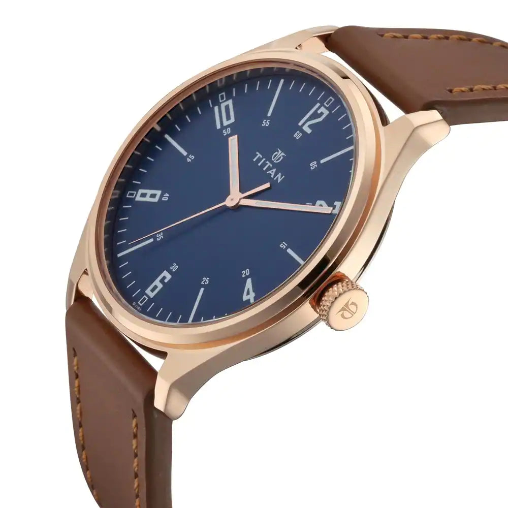 Titan Workwear Watch with Blue Dial & Brown Leather Strap 1802WL01